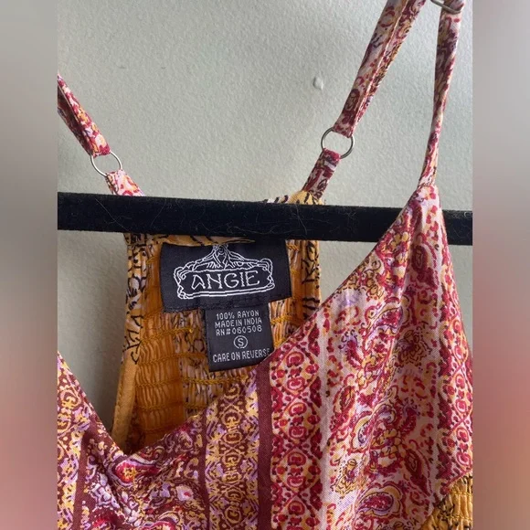 Angie Boho Mixed Print Maxi Dress. Adjustable Straps Ruched Back. Side Slits SM - Picture 12 of 13